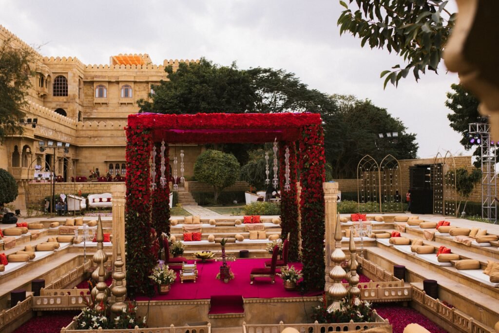 Planning a Destination Wedding in Jaipur: A Royal Affair at Dera Mandawa 1 Floral mandap arranged for a destination wedding in Jaipur
