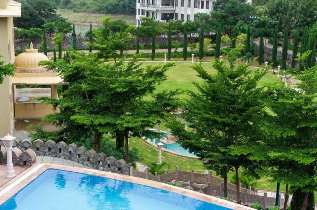 Large Rajasthan resort with swimming pool and landscaped gardens