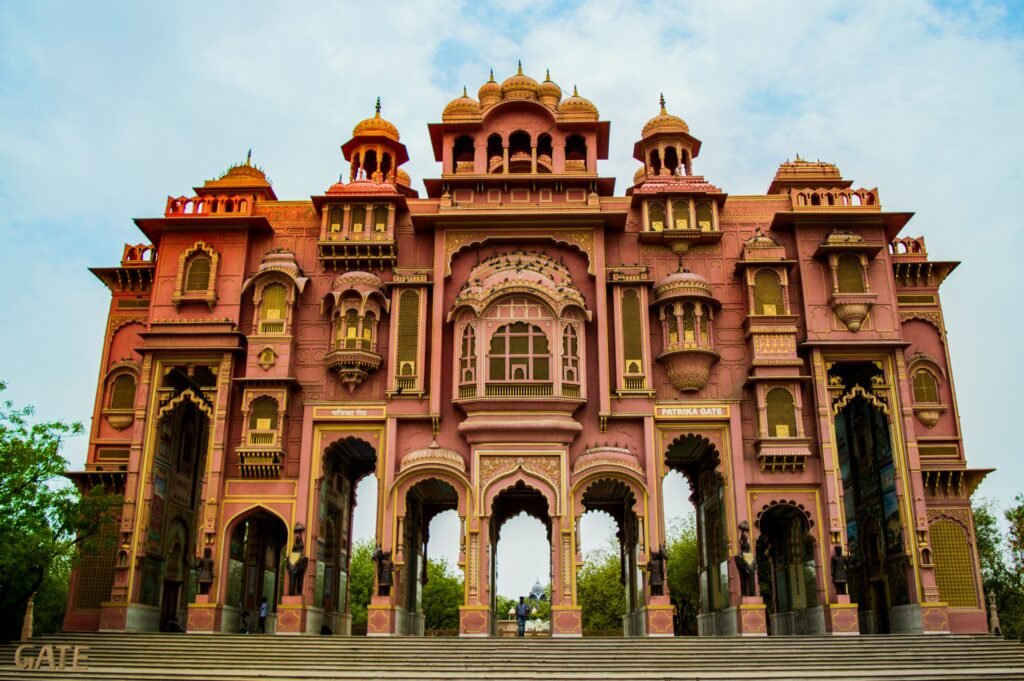 Winter in Jaipur: A 4-Day Itinerary with a Stay at Dera Mandawa 2 Patrika Gate located in Jaipur, India. a vibrant gateway that serves as an entrance to the Jawahar Circle Garden in winter in Jaipur