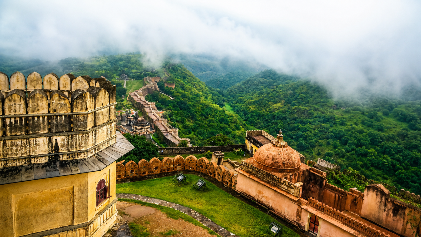 Amber Fort overlooking the Aravalli Hills during the Jaipur monsoon