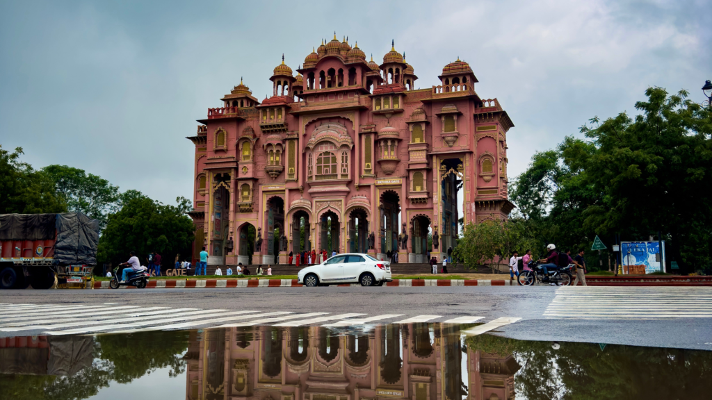 How a Nineteenth-Century Haveli Is Kept Alive 2 Ornate pink and gold facade of Patrika Gate in Jaipur
