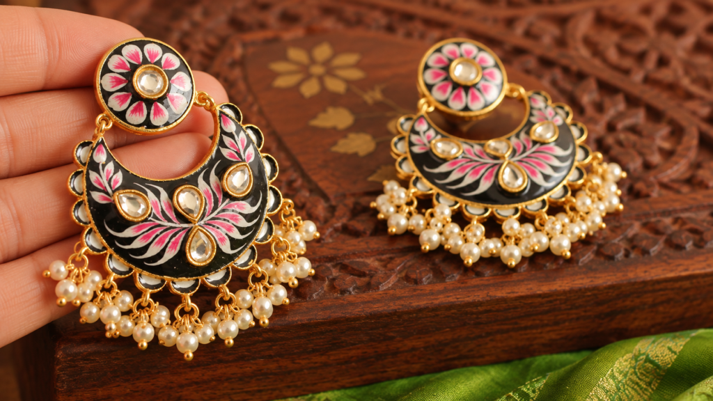 Kundan and Meenakari, the Jewellery Jaipur Is Known For 1 What is kundan jewellery: kundan meenakari earrings with black enamel floral work and pearl drops