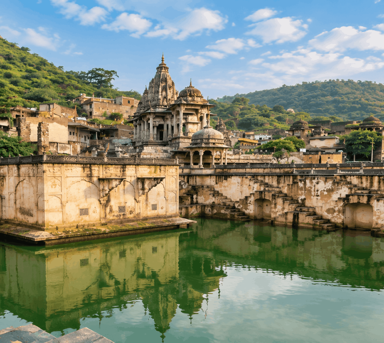 Galta Kund sacred water tank with stone steps and a carved temple spire reflected in green water against the Aravalli hills in Jaipur