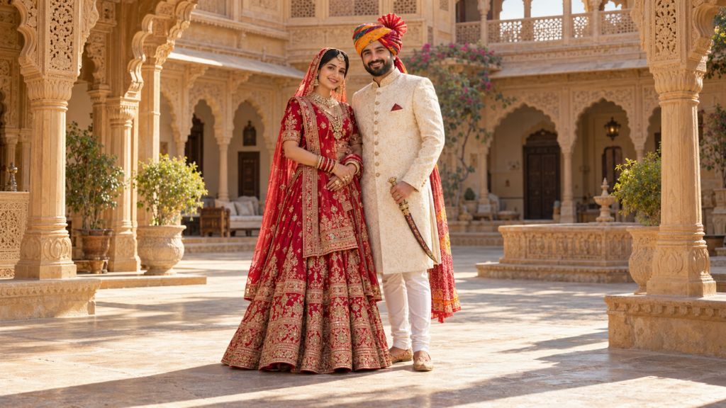 Your Photoshoot Deserves More Than a Fort Gate 7 A couple dressing for a royal photoshoot at heritage haveli in Jaipur, Rajasthan | Dera Mandawa